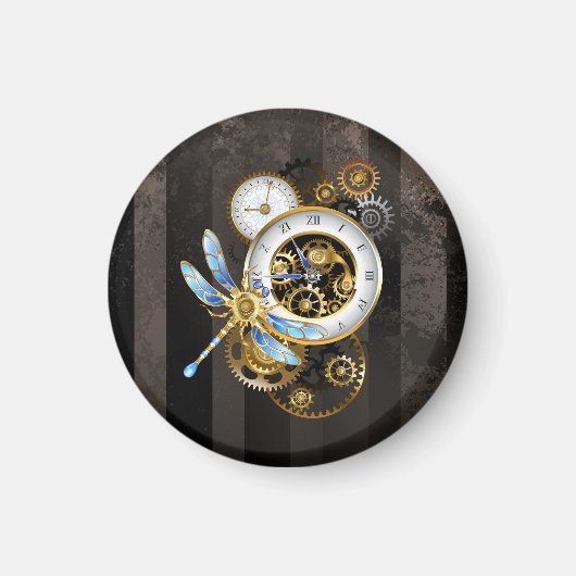 Steampunkuhr mit mechanischer Libelle Magnet (Vorne)