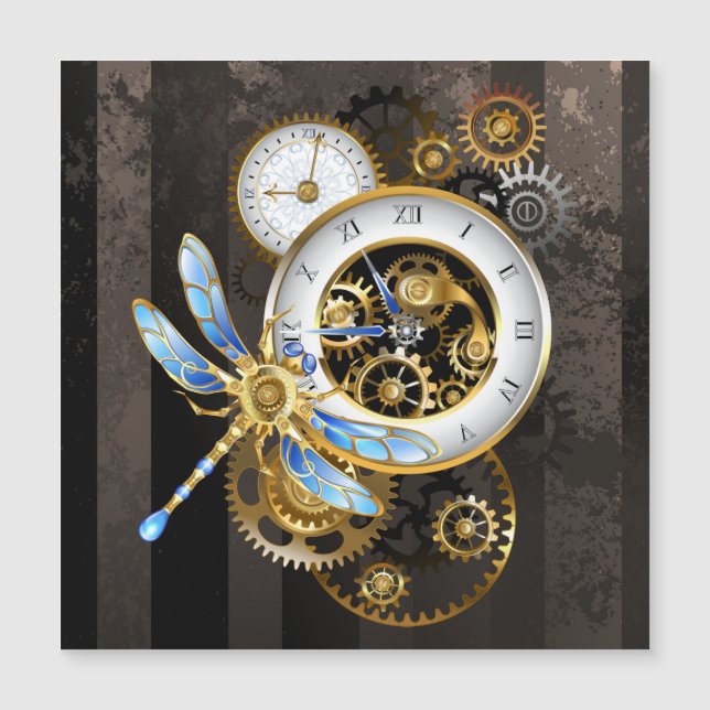Steampunkuhr mit mechanischer Libelle Magnetkarte (Vorderseite)