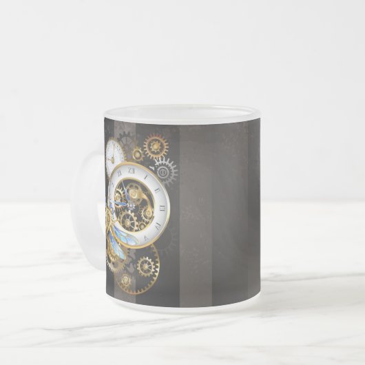 Steampunkuhr mit mechanischer Libelle Mattglastasse (Vorderseite Links)