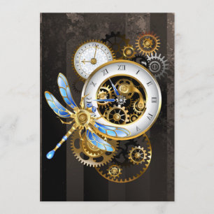 Steampunkuhr mit mechanischer Libelle Menükarte