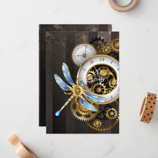 Steampunkuhr mit mechanischer Libelle Mitteilungskarte (Vorderseite/Rückseite Beispiel)