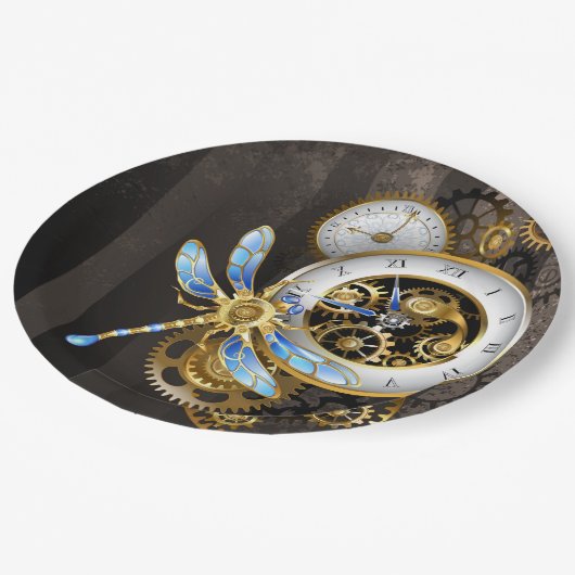 Steampunkuhr mit mechanischer Libelle Pappteller (Schrägansicht)