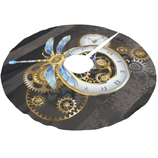 Steampunkuhr mit mechanischer Libelle Polyester Weihnachtsbaumdecke (Schrägansicht)