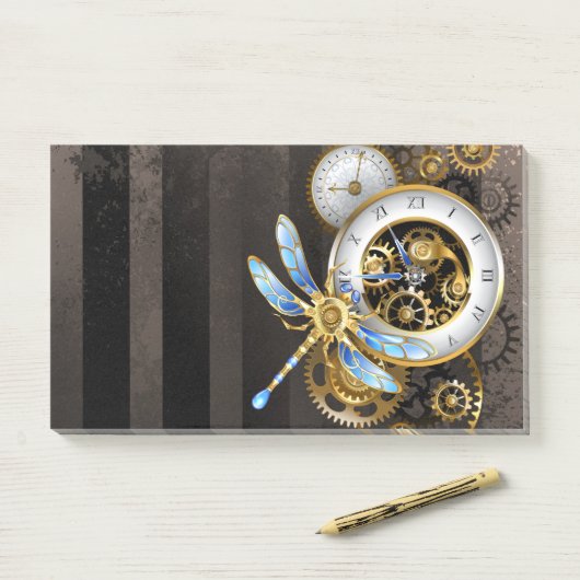 Steampunkuhr mit mechanischer Libelle Post-it Klebezettel (Auf Schreibtisch)