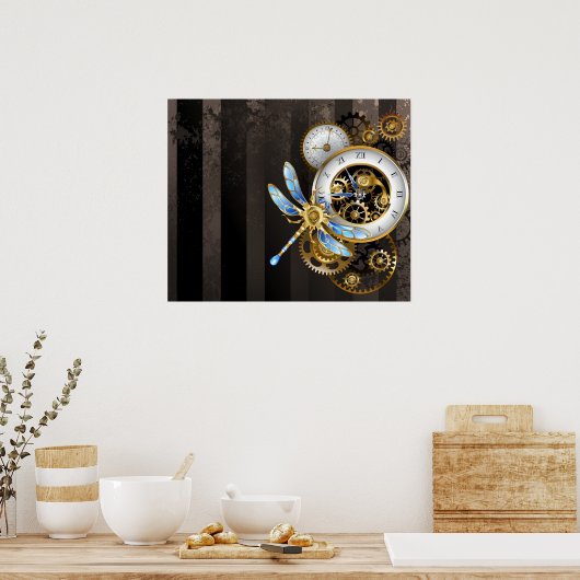 Steampunkuhr mit mechanischer Libelle Poster (Küche)
