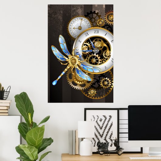 Steampunkuhr mit mechanischer Libelle Poster (Heimbüro)