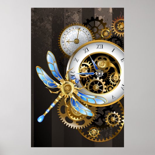 Steampunkuhr mit mechanischer Libelle Poster (Vorne)