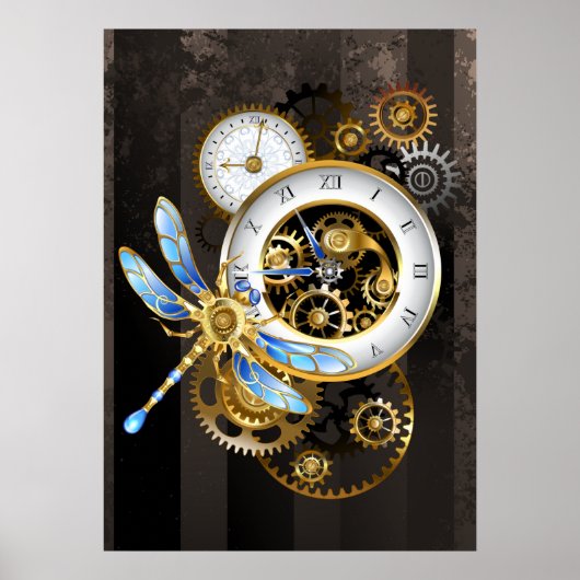 Steampunkuhr mit mechanischer Libelle Poster (Vorne)
