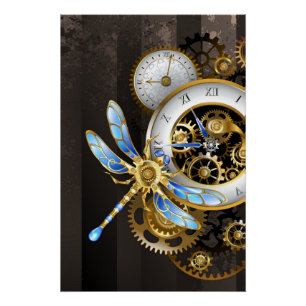 Steampunkuhr mit mechanischer Libelle Poster