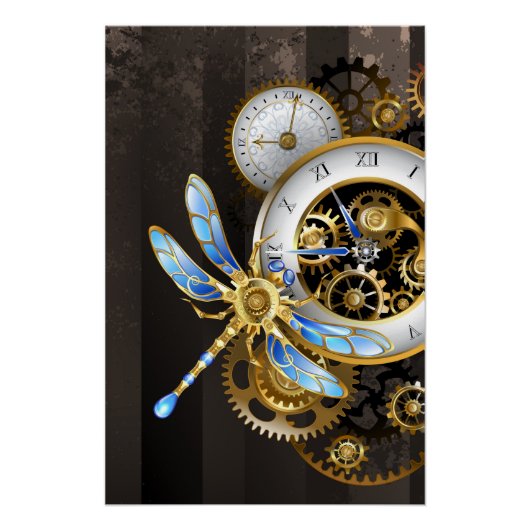 Steampunkuhr mit mechanischer Libelle Poster (Vorderseite)