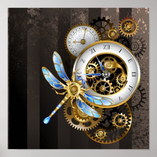 Steampunkuhr mit mechanischer Libelle Poster (Vorne)