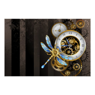 Steampunkuhr mit mechanischer Libelle Poster