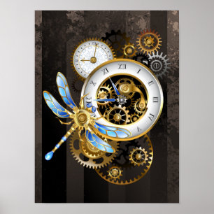 Steampunkuhr mit mechanischer Libelle Poster