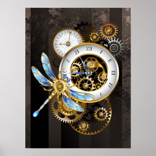 Steampunkuhr mit mechanischer Libelle Poster (Vorne)