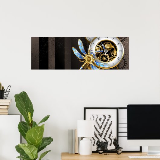 Steampunkuhr mit mechanischer Libelle Poster (Heimbüro)
