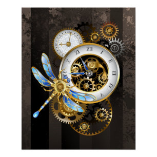 Steampunkuhr mit mechanischer Libelle Poster