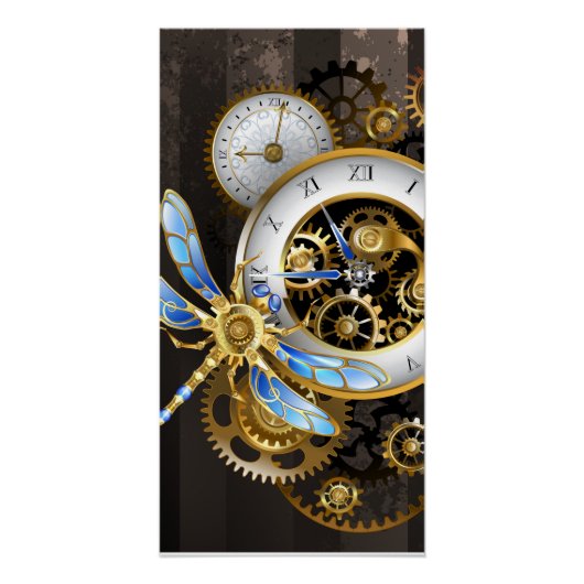 Steampunkuhr mit mechanischer Libelle Poster (Vorderseite)