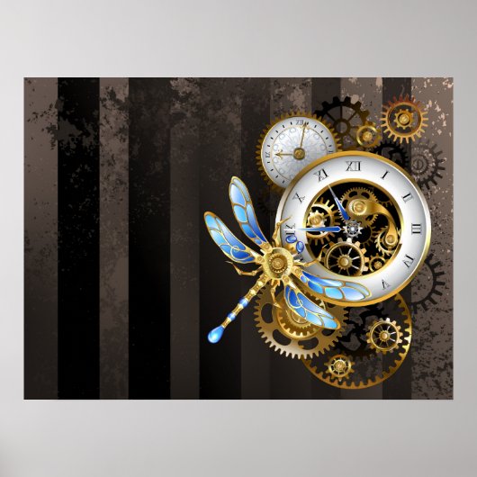 Steampunkuhr mit mechanischer Libelle Poster (Vorne)