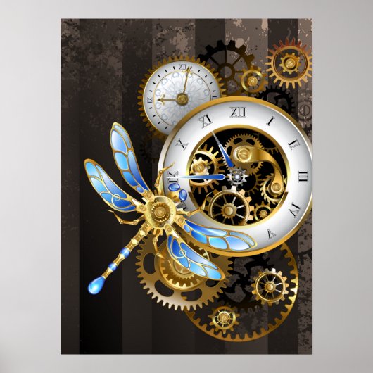 Steampunkuhr mit mechanischer Libelle Poster (Vorne)