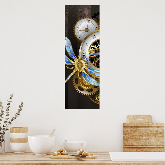 Steampunkuhr mit mechanischer Libelle Poster (Küche)