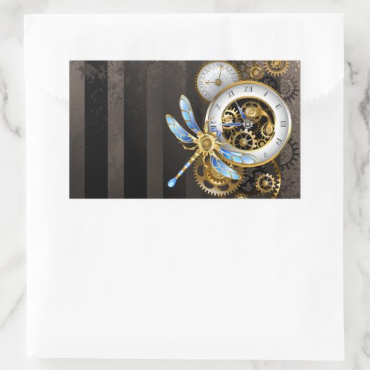 Steampunkuhr mit mechanischer Libelle Rechteckiger Aufkleber (Tasche)