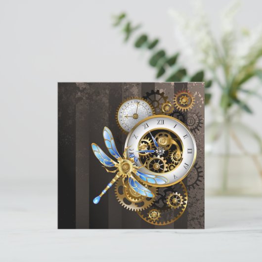 Steampunkuhr mit mechanischer Libelle Save The Date (Stehend Vorderseite)