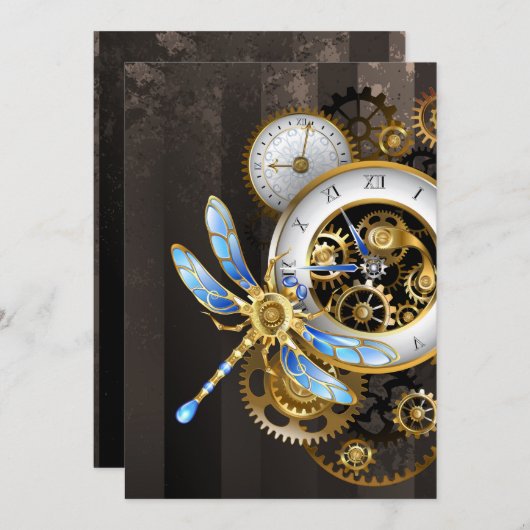 Steampunkuhr mit mechanischer Libelle Save The Date (Vorne/Hinten)