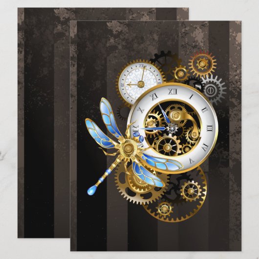 Steampunkuhr mit mechanischer Libelle Save The Date (Vorne/Hinten)