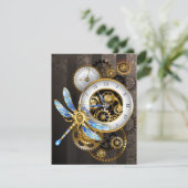 Steampunkuhr mit mechanischer Libelle Save The Date (Stehend Vorderseite)