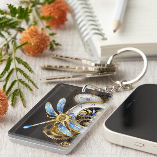 Steampunkuhr mit mechanischer Libelle Schlüsselanhänger (Vorderseite rechts)