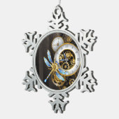 Steampunkuhr mit mechanischer Libelle Schneeflocken Zinn-Ornament (Rechts)