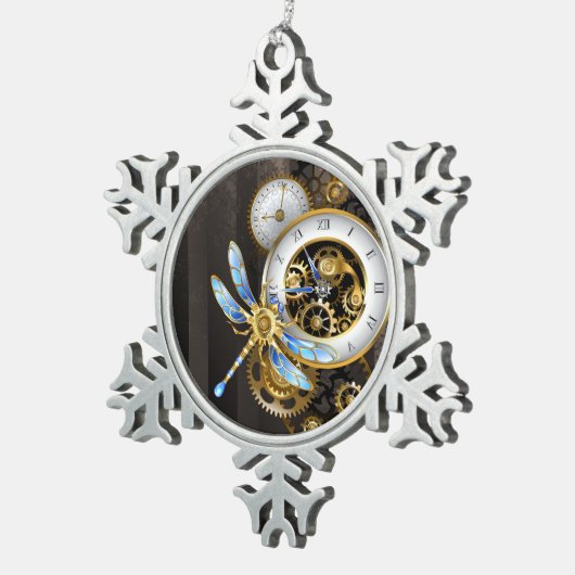 Steampunkuhr mit mechanischer Libelle Schneeflocken Zinn-Ornament (Rechts)