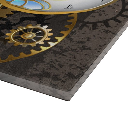 Steampunkuhr mit mechanischer Libelle Schneidebrett (Ecke)