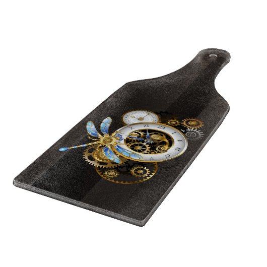 Steampunkuhr mit mechanischer Libelle Schneidebrett (Ecke)