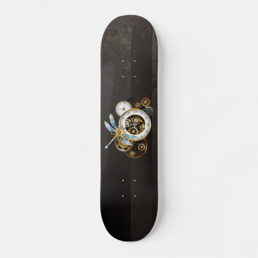 Steampunkuhr mit mechanischer Libelle Skateboard (Vorderseite)