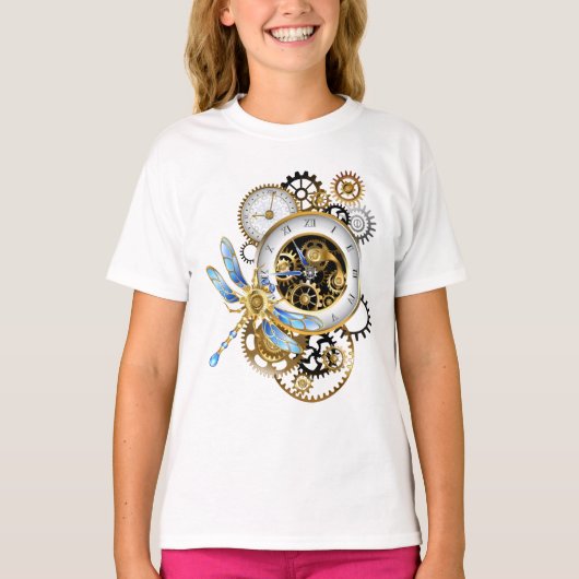 Steampunkuhr mit mechanischer Libelle T-Shirt (Vorderseite)