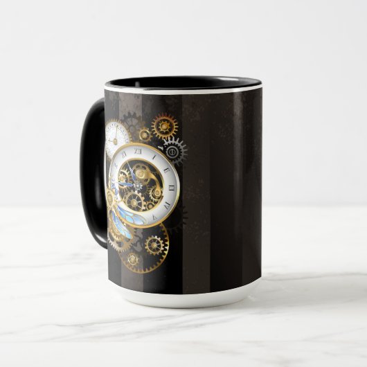Steampunkuhr mit mechanischer Libelle Tasse (Vorderseite Links)