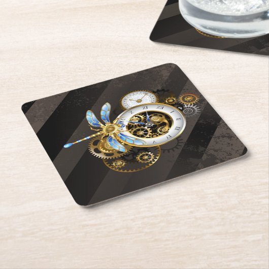 Steampunkuhr mit mechanischer Libelle Untersetzer (angewinkelt)