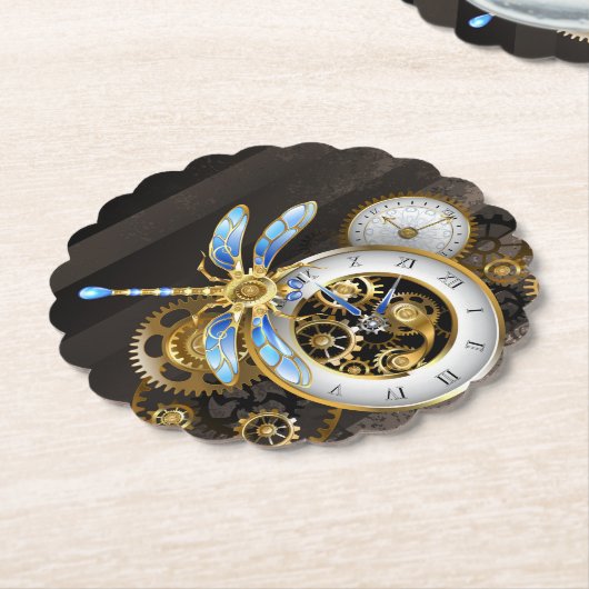 Steampunkuhr mit mechanischer Libelle Untersetzer (angewinkelt)