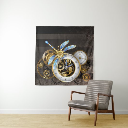 Steampunkuhr mit mechanischer Libelle Wandteppich (Beispiel (Horizontal))
