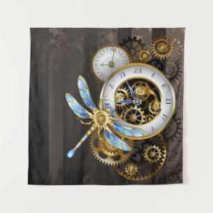 Steampunkuhr mit mechanischer Libelle Wandteppich