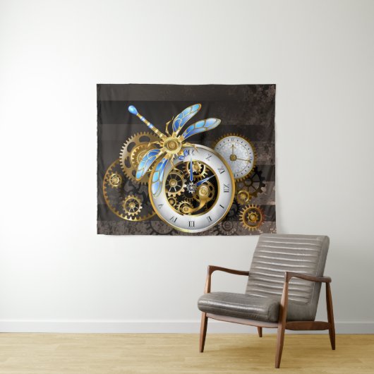 Steampunkuhr mit mechanischer Libelle Wandteppich (Beispiel (Horizontal))