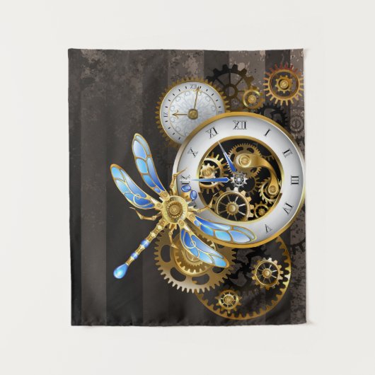 Steampunkuhr mit mechanischer Libelle Wandteppich (Vorderseite)