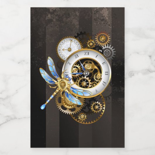 Steampunkuhr mit mechanischer Libelle Weinetikett (Einzelnes Label)