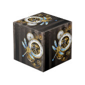 Steampunkuhr mit mechanischer Libelle Würfel (Rückseite Schrägansicht)