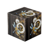 Steampunkuhr mit mechanischer Libelle Würfel (Vorderseite Schrägansicht)