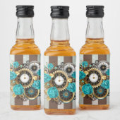 Steampunkuhr und türkisfarbene Rose auf Streifen Alkoholflaschenetikett (Flaschen)