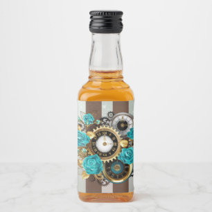 Steampunkuhr und türkisfarbene Rose auf Streifen Alkoholflaschenetikett
