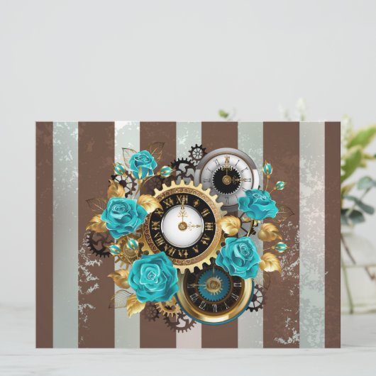 Steampunkuhr und türkisfarbene Rose auf Streifen Ankündigung (Stehend Vorderseite)