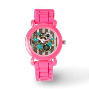 Steampunkuhr und türkisfarbene Rose auf Streifen Armbanduhr